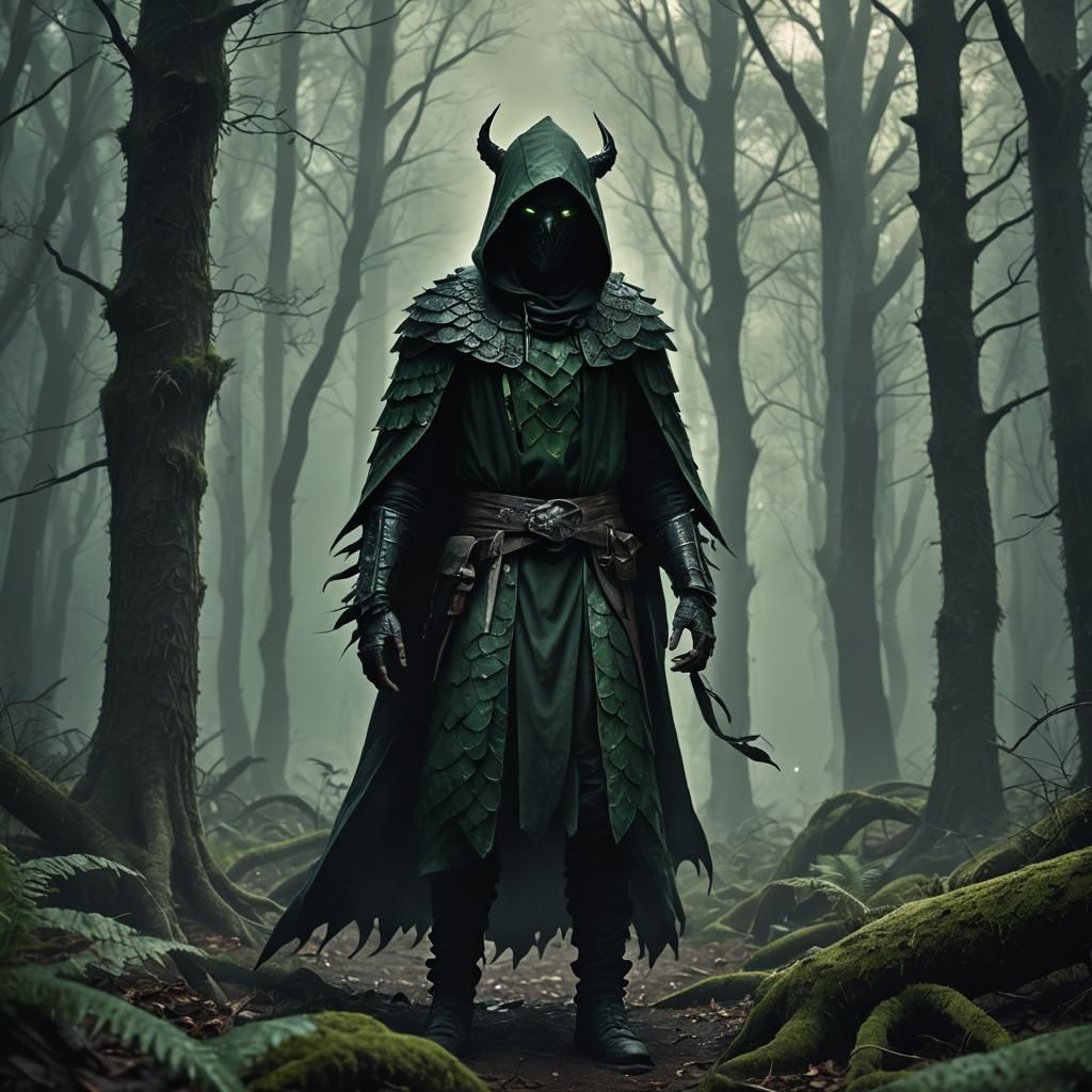 Mystical Scaled Creature in Dark Eerie Forest