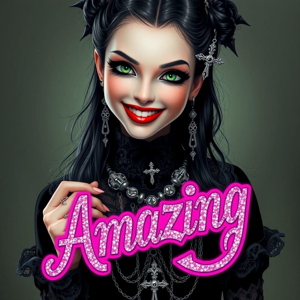 Gorgeous goth girl 
Big smile 
Holding a sign saying "Amazing"