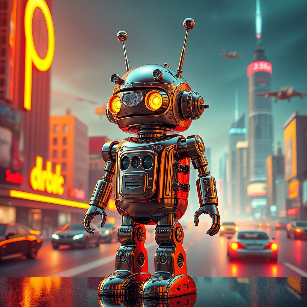 Retro-Futuristic Chrome Robot in 1950s Cityscape