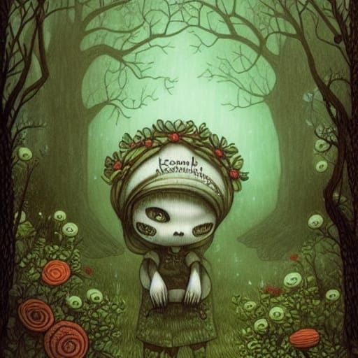 Glowing Kodama in Forest, Intricate Drawing