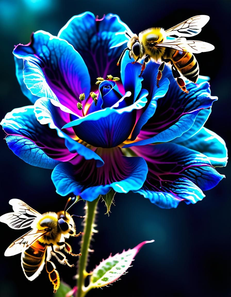 Bioluminescent Rose with Fuzzy Bees, Fantasycore Artwork