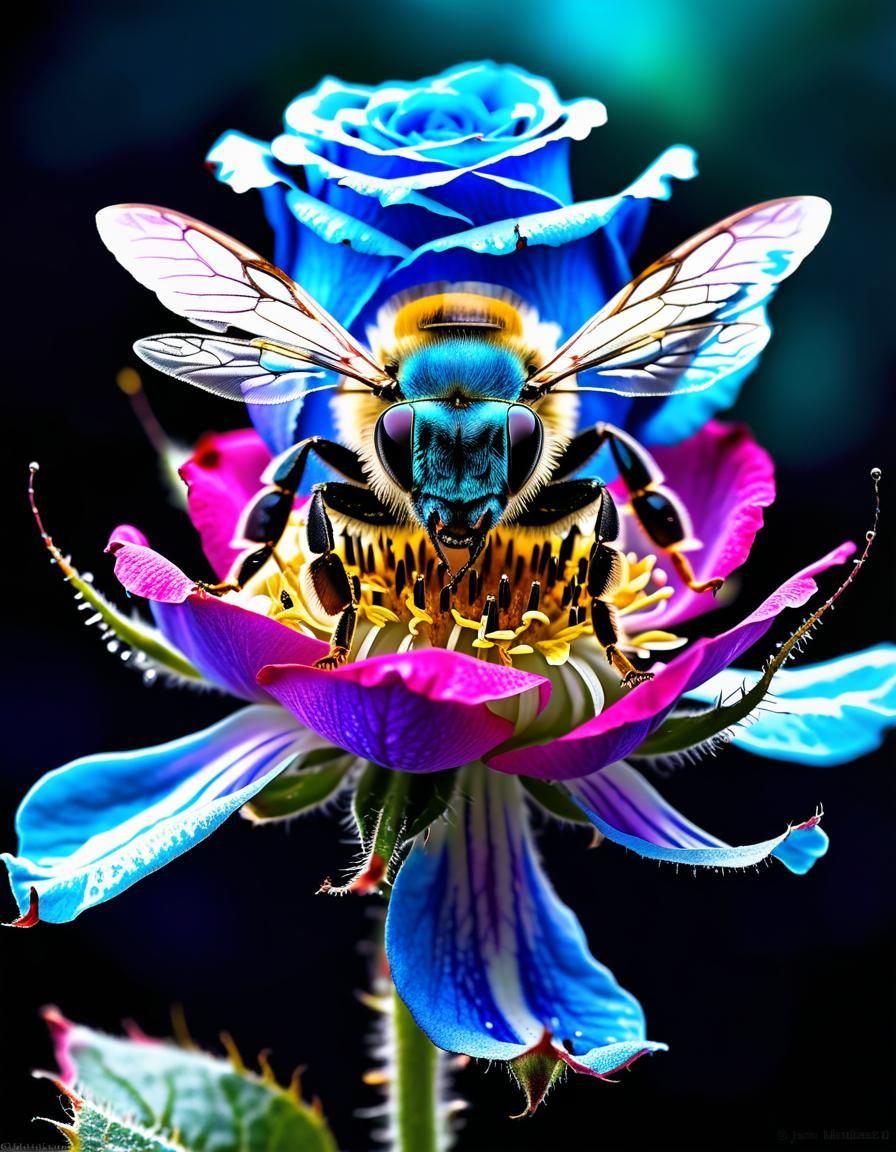 Bioluminescent Rose with Fuzzy Bees, Fantasycore Art