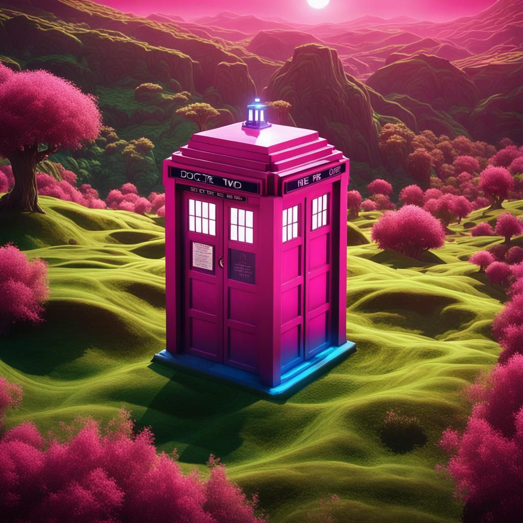 Pink TARDIS on Alien Planet: Cinematic Digital Art