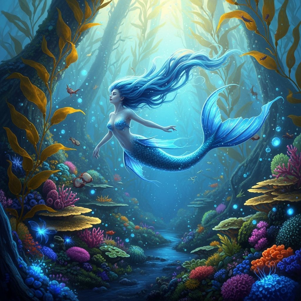 Bioluminescent Mermaid in Ethereal Underwater Forest