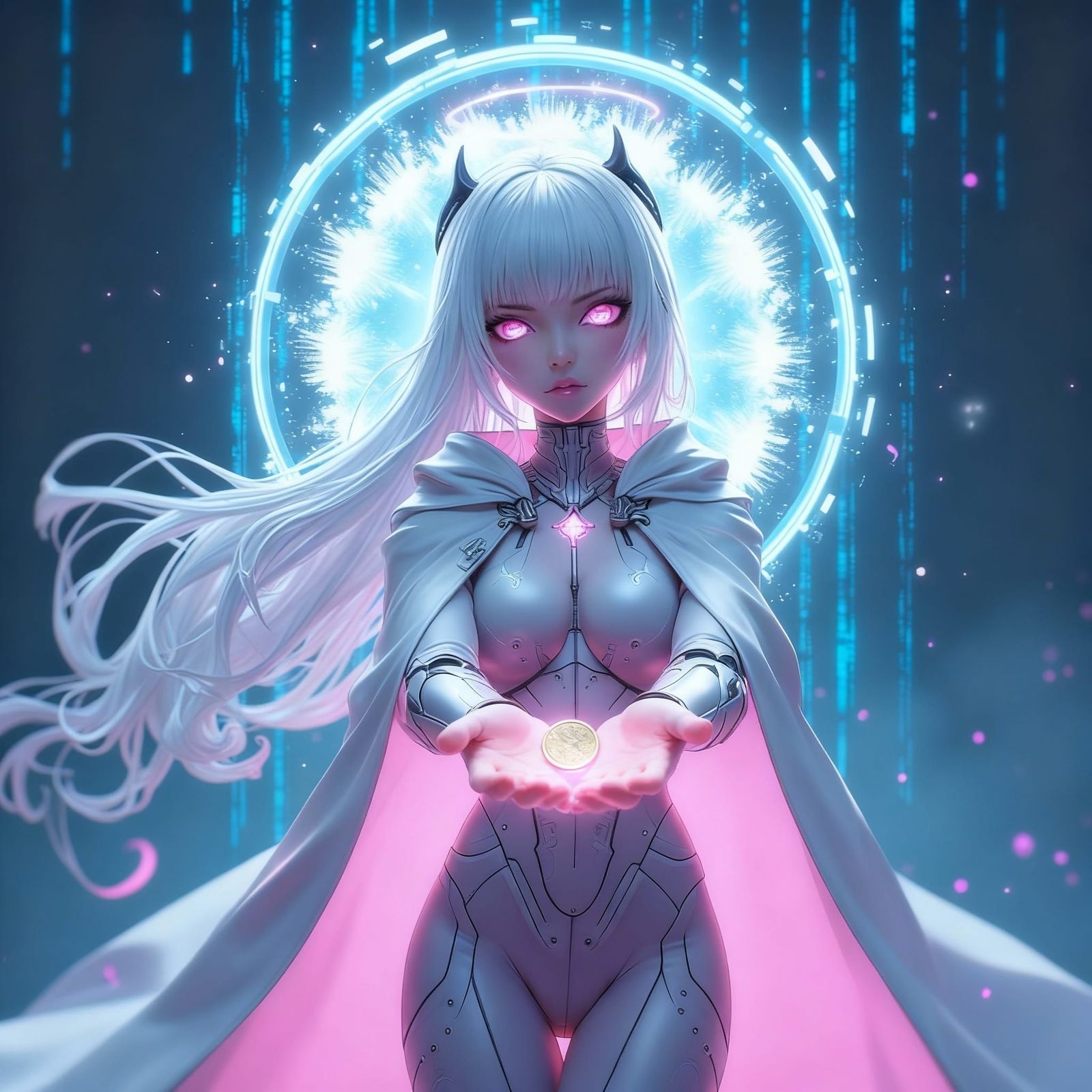 Anime Spirit Avatar with Glitching Aura and Fractal Halo