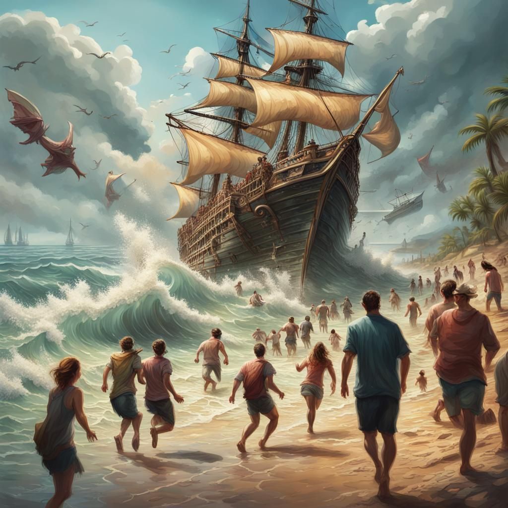 Hyperrealistic Sea Monster Beach Escape with Pirate Ship