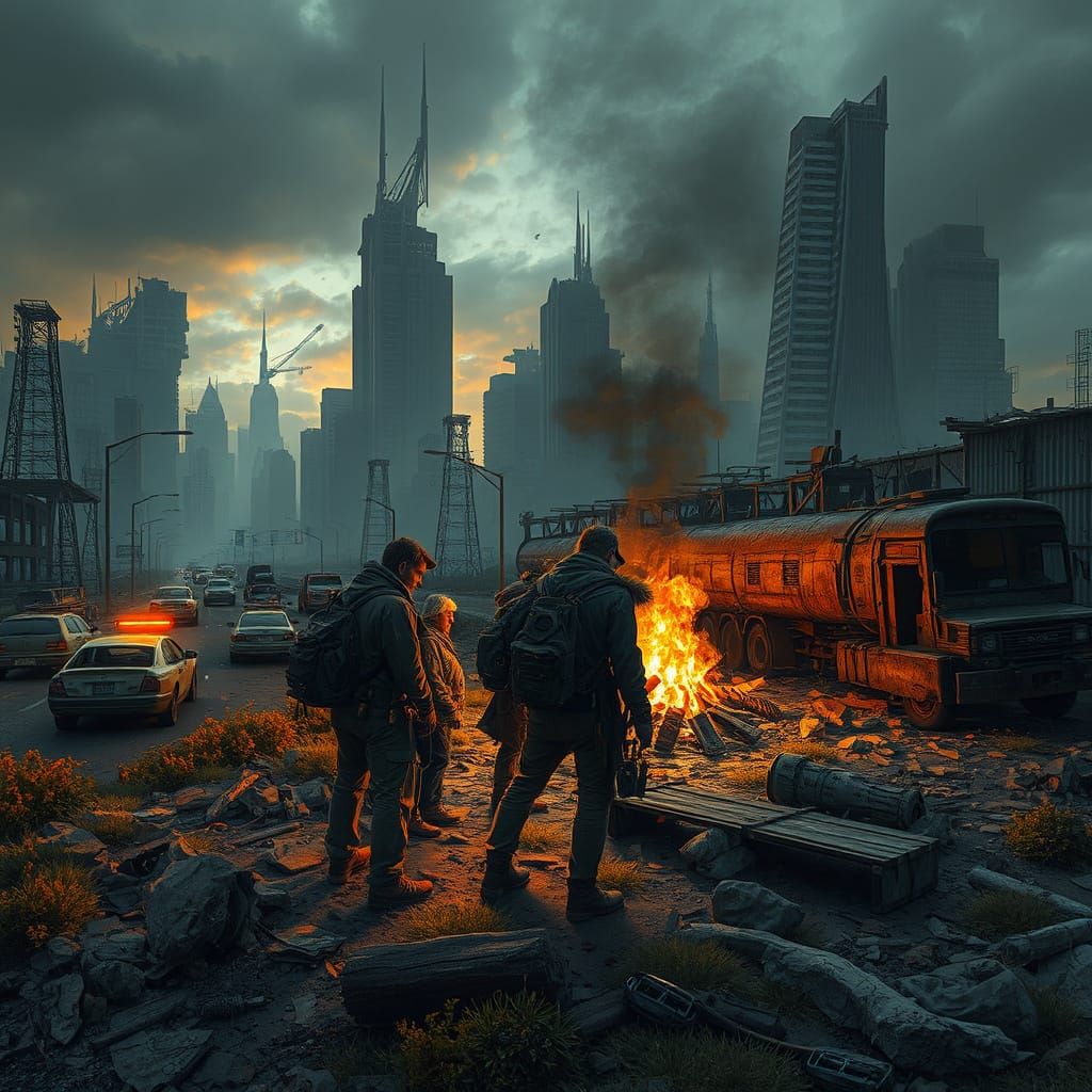 Post-Apocalyptic Campfire Scene in Gritty Realism