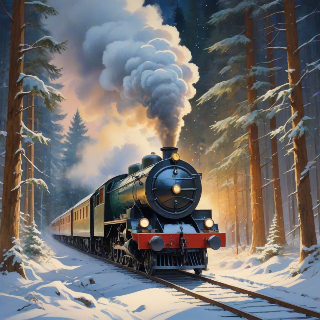 Steam Train in Snowy Forest at Night