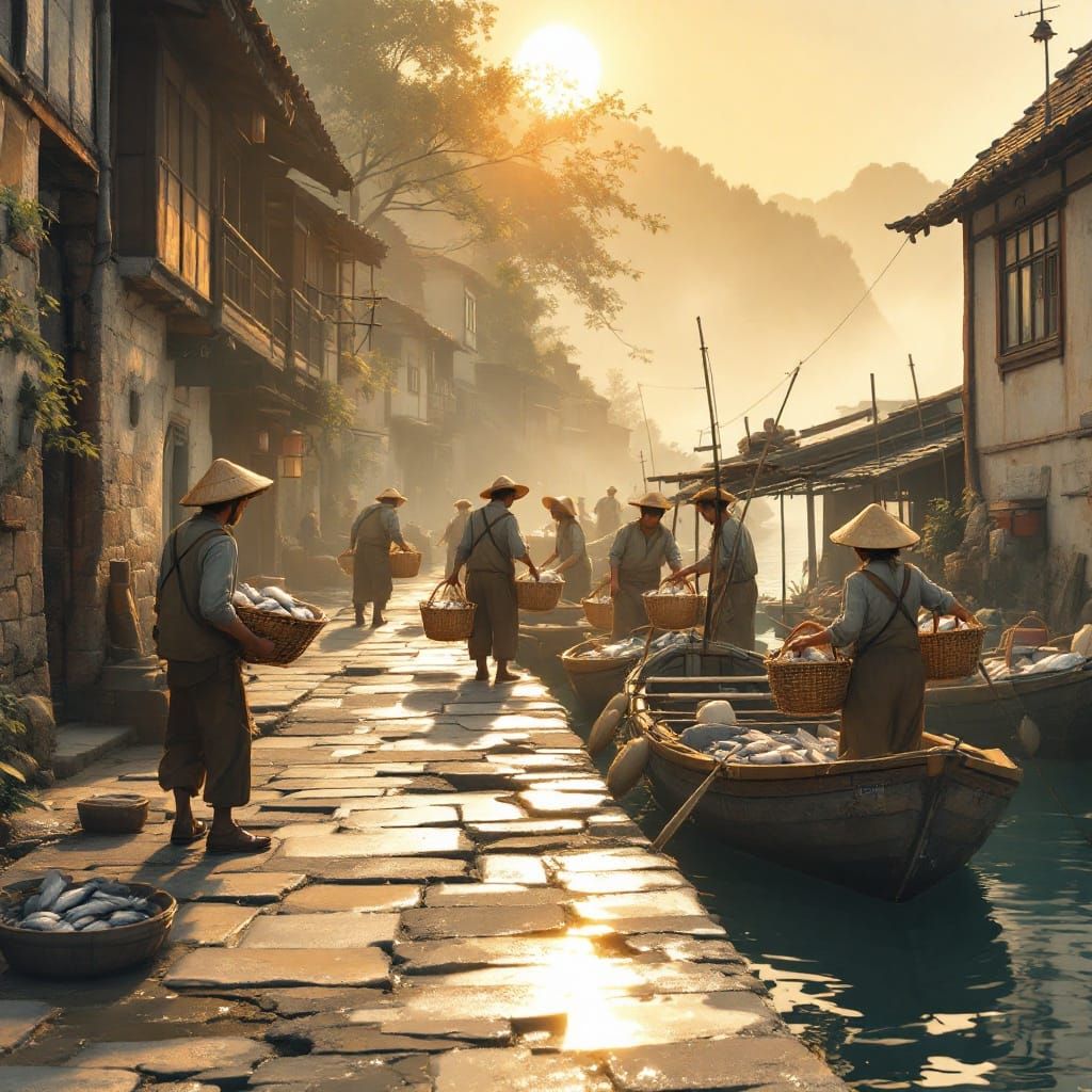 Fishermen Unloading Catch at Harbour: Ghibli Anime Style
