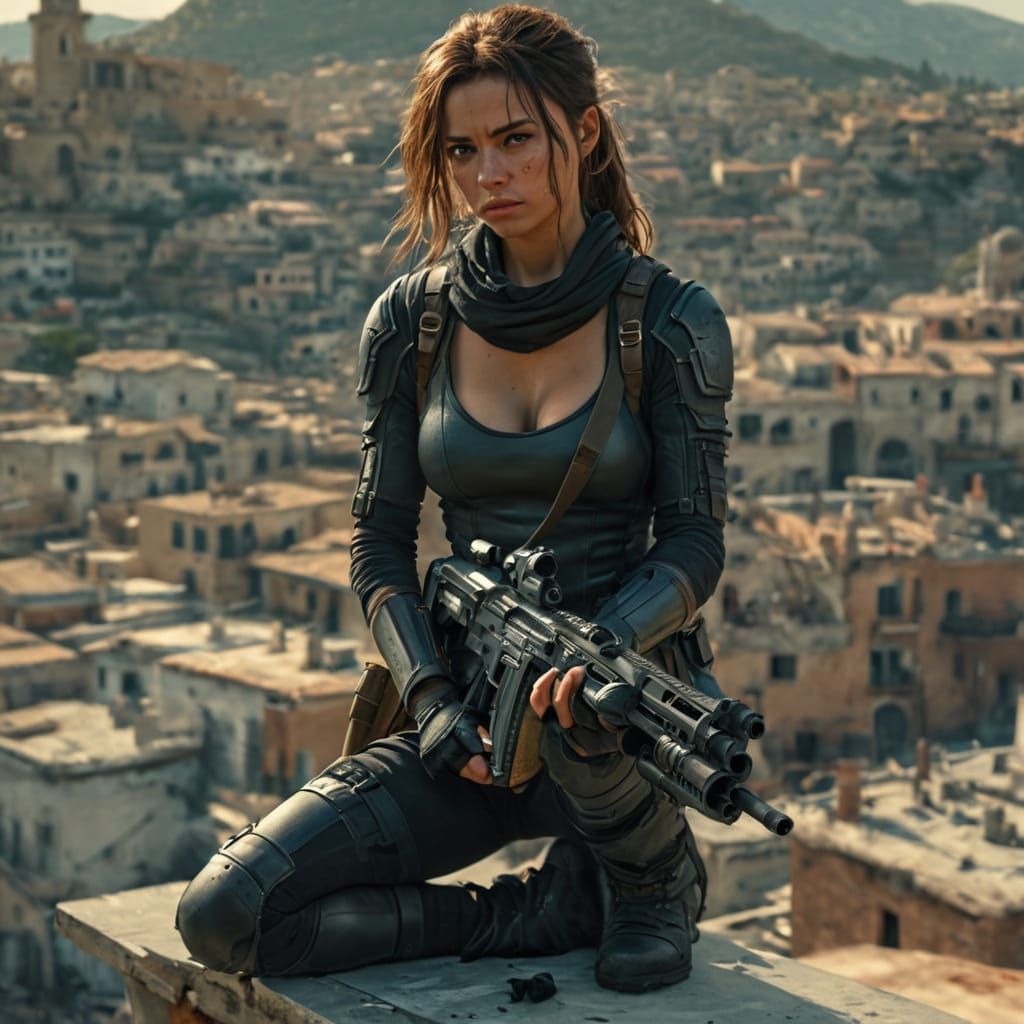 Epic Female Assassin on Mediterranean Rooftop in Cyberpunk S...