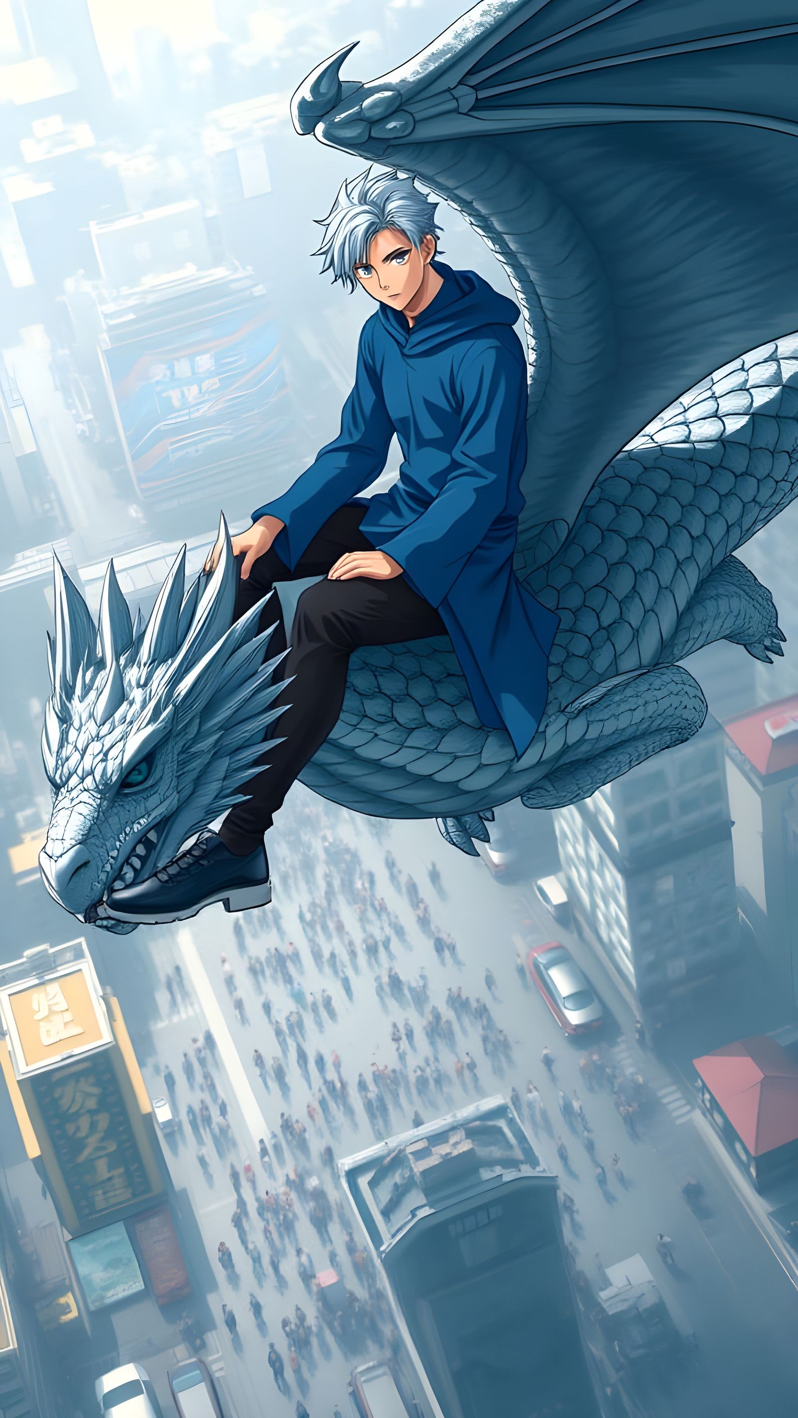Anime Hero Rides Silver Dragon Amidst Bustling Metropolis