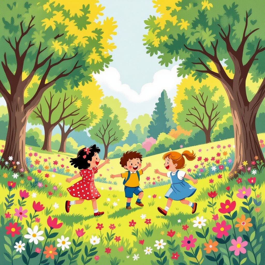 Happy Children Play in a Vibrant Storybook Park