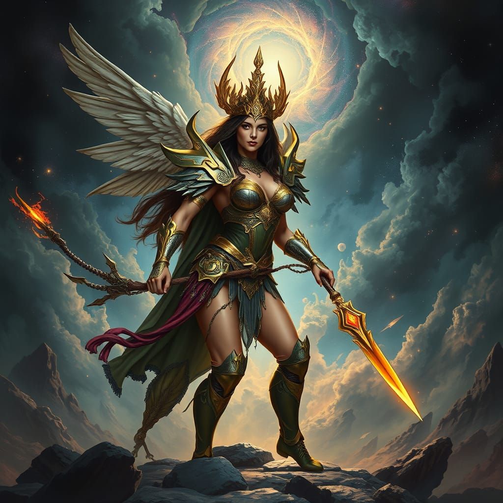 Amazonian Warrior in Celestial Armor on Cosmic Battlefield