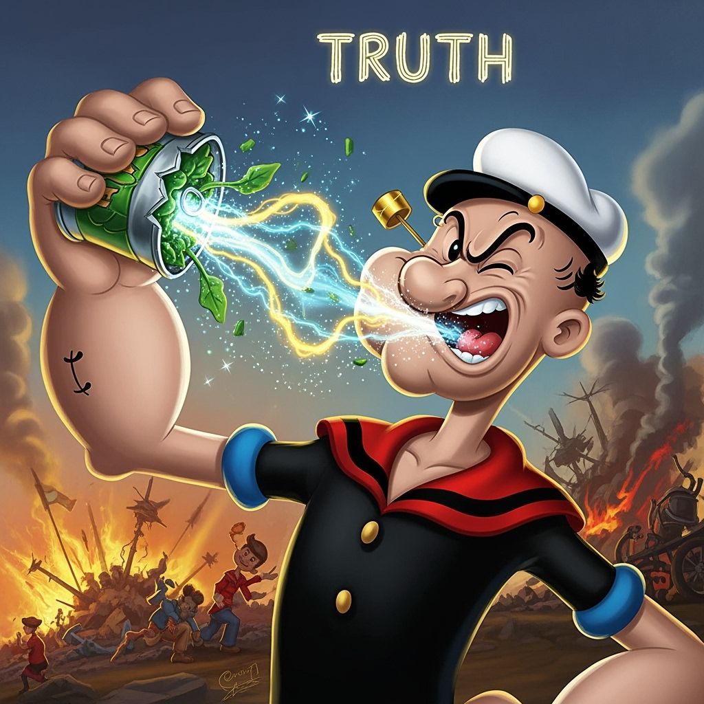 Popeye Crushes Spinach Can, Releasing Energy