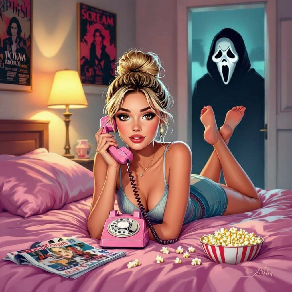 Stylish Woman on Pink Sheets with Retro Phone, Ghostface Lur...