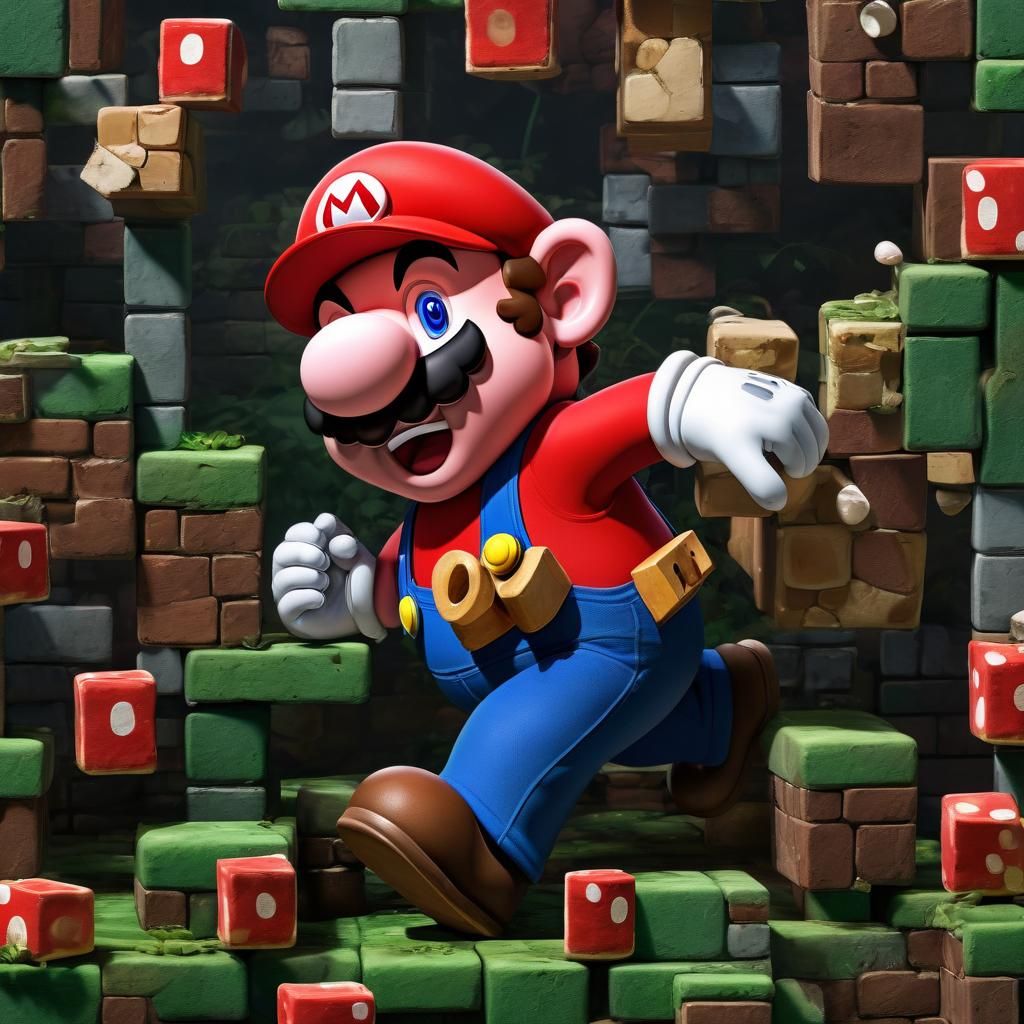 Mario Pig Busting Blocks in Whimsical Game Scene