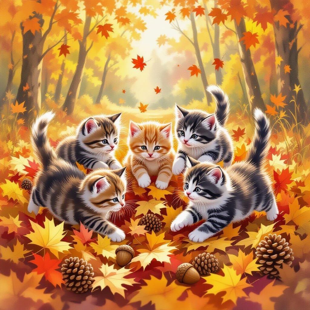 Playful Kittens in Autumn Leaves Watercolor Painting