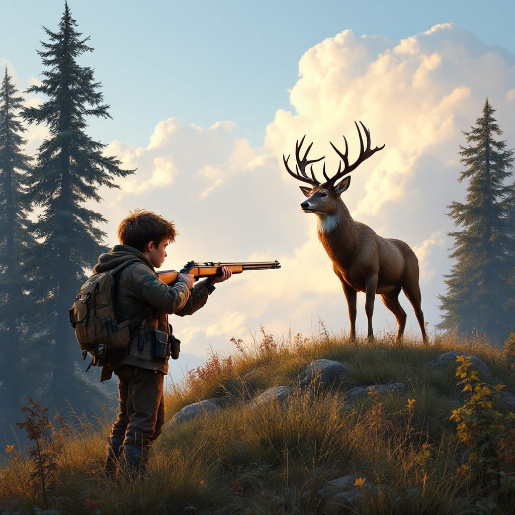 Boy Hunts Deer Atop Rolling Hill