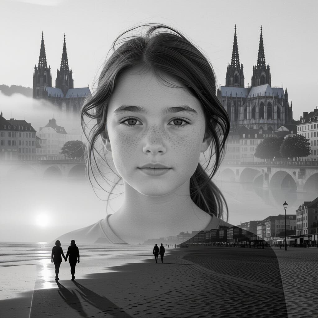 Double Exposure Portrait of Young Girl in Black and White