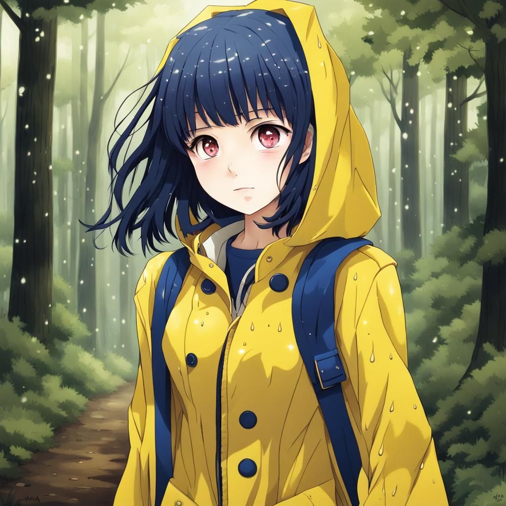 Girl in Yellow Raincoat in Anime Style