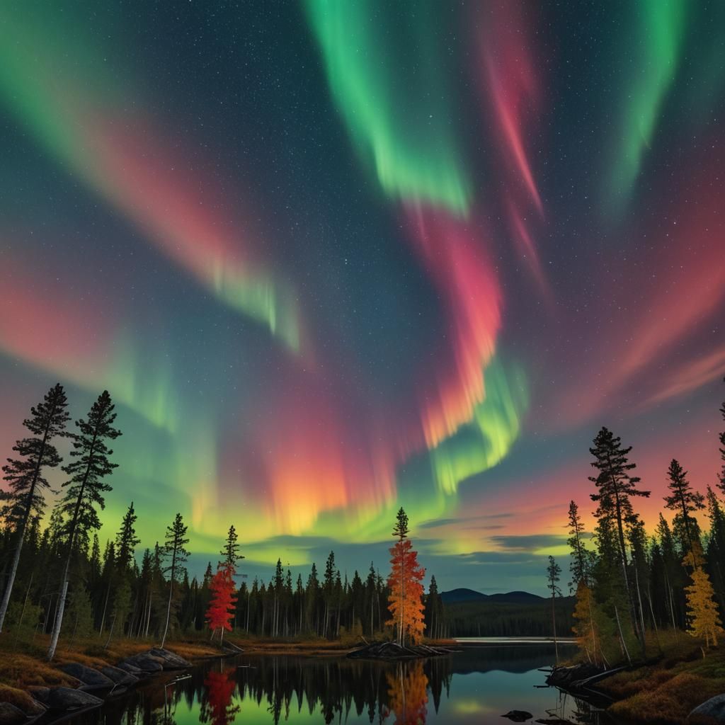 Finland Autumnal Forest with Northern Lights