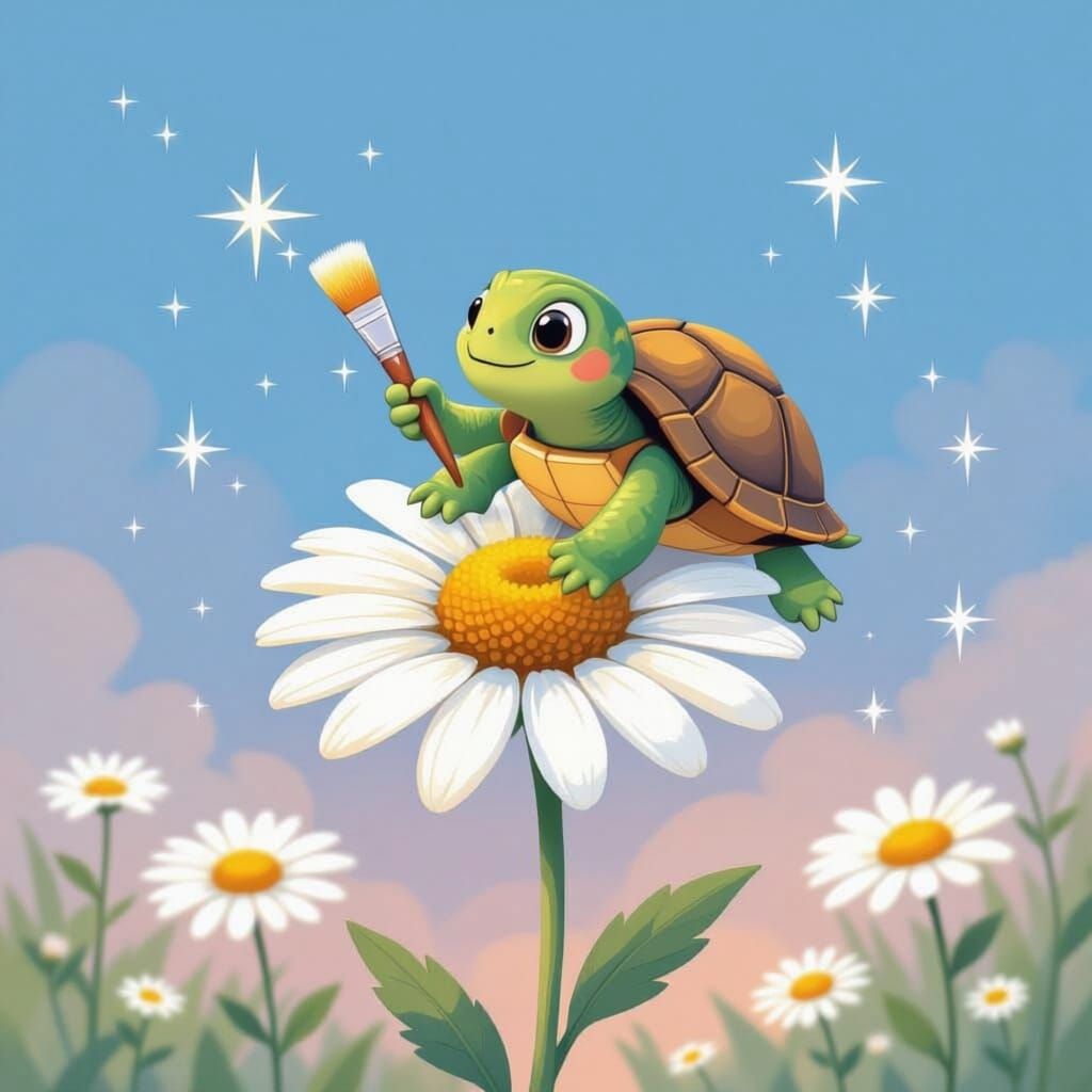 Tiko Turtle Paints a Starry Daisy Meadow