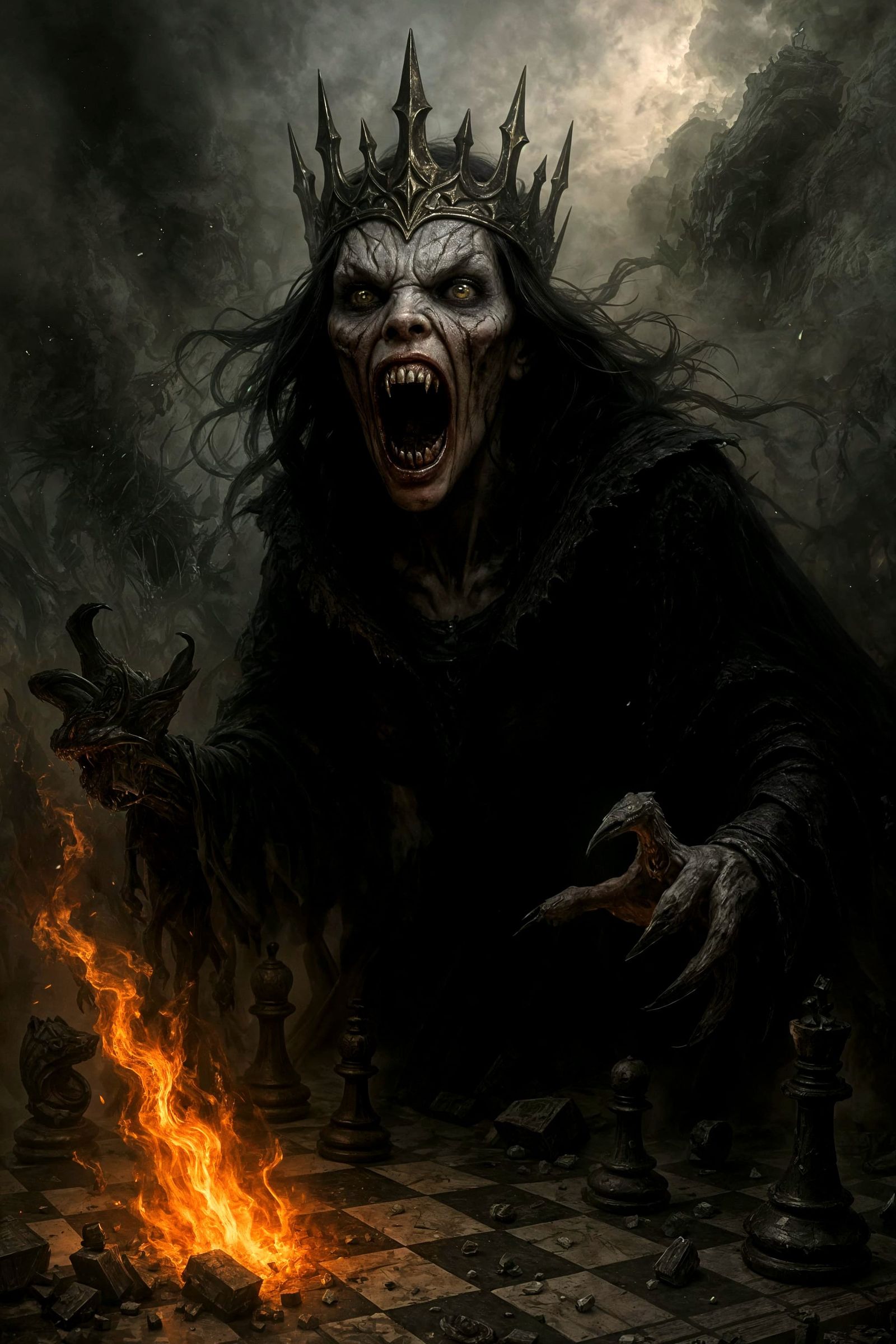 Terrifying Demon Queen Screams Amidst Ruined Chessboard