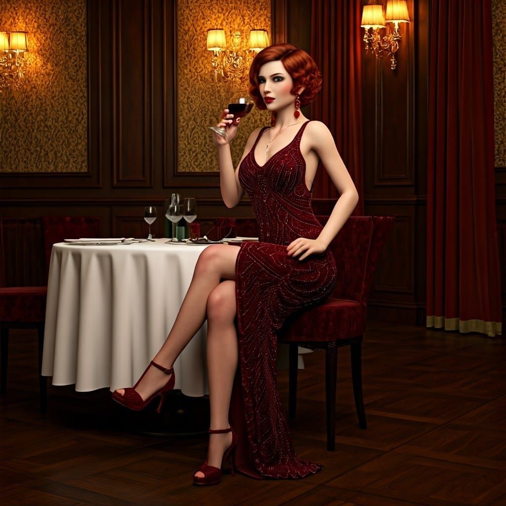 Sultry 1920s Femme Fatale in Luxury Restaurant Setting