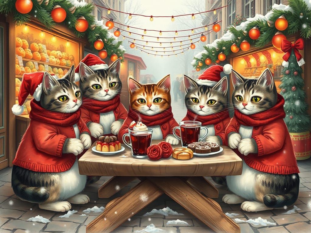 Merry Cat Family at the Christmas Market