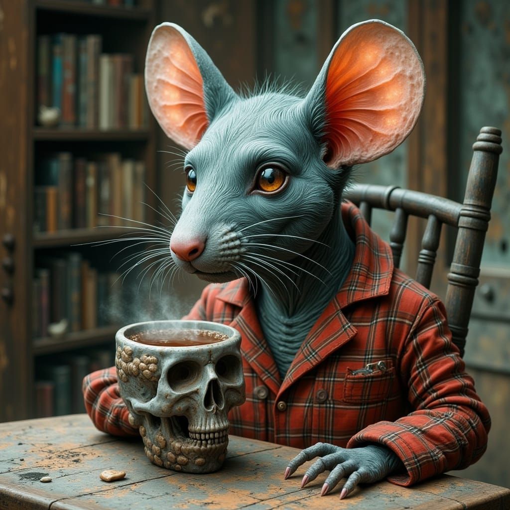 Mouse with Skull Mug, Dark Fantasy Illustration
