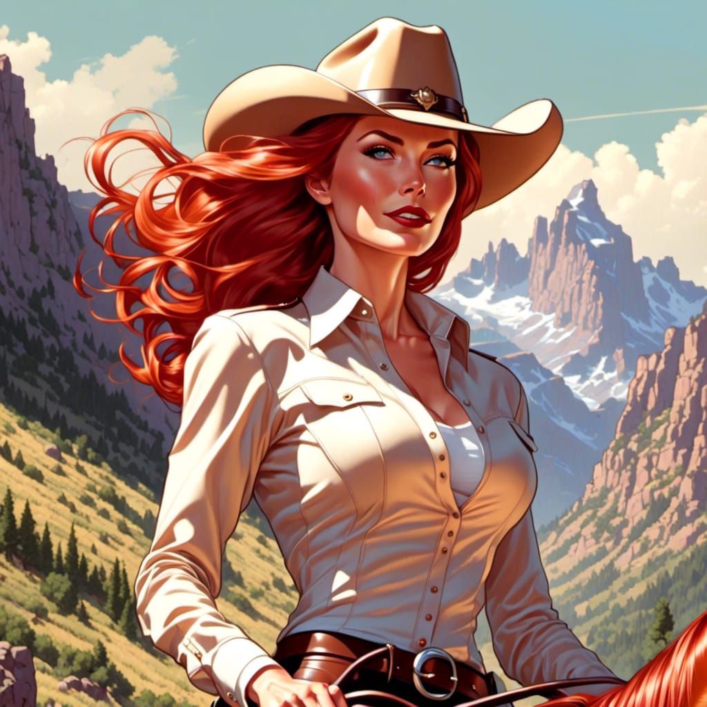 Red-Haired Woman Riding Horse in Comic Book Style