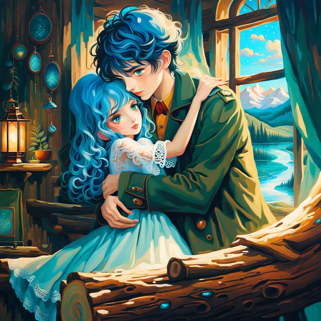 Melancholic Man Hugs Girl in Dreamlike Oil Painting