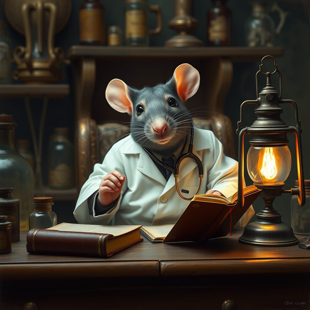 Surreal Doctor's Study with Mysterious Rodent