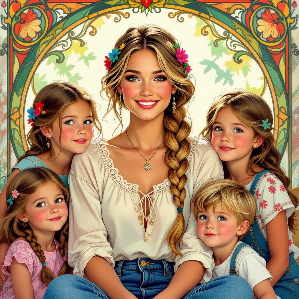 Woman with Braid Surrounded by Children, Art Nouveau Style