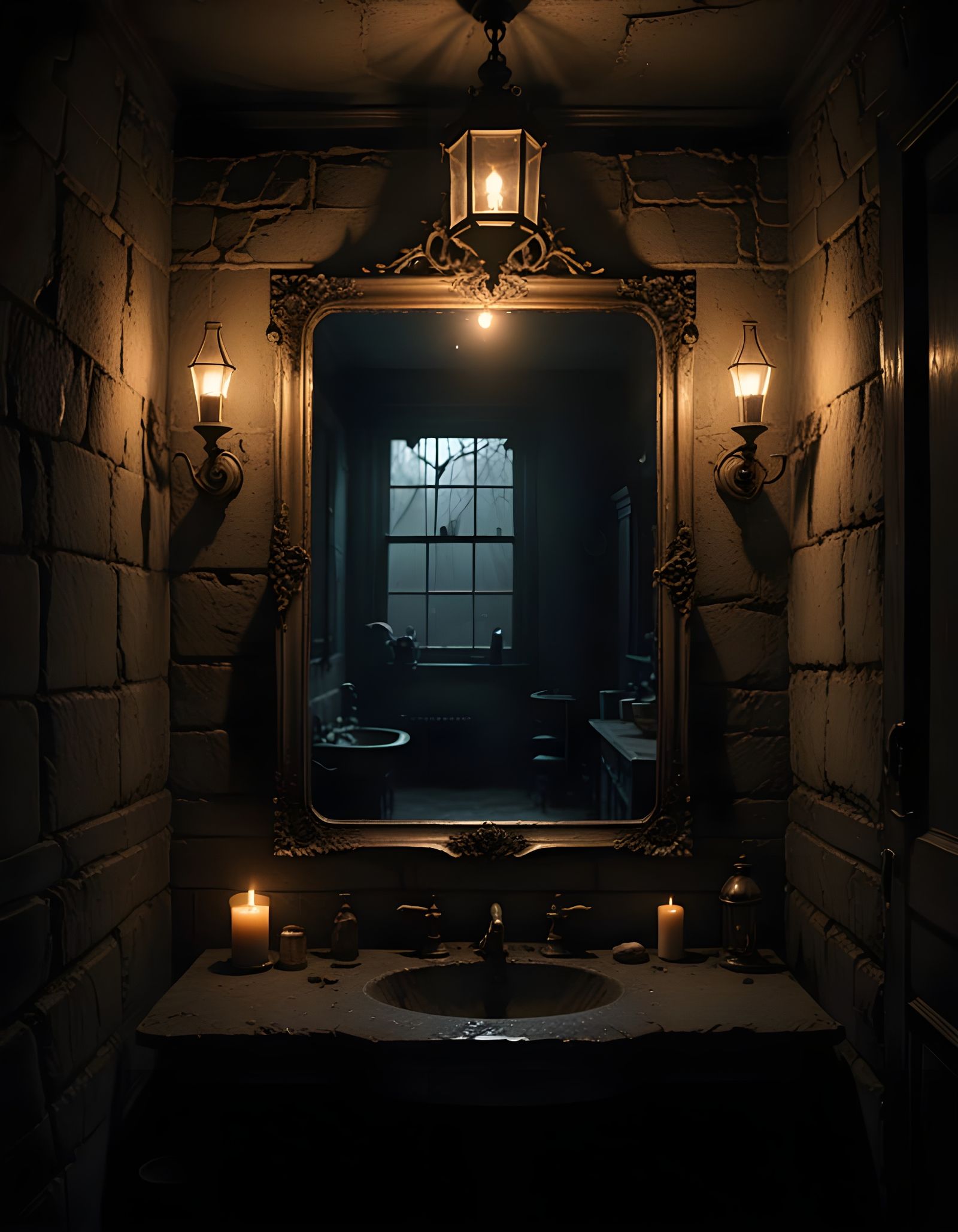 Surreal Bathroom Scene in Twilight with Disturbing Reflectio...