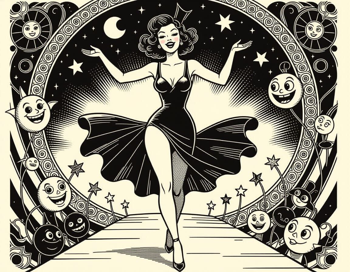 Whimsical Pin-Up in Black and White Cartoon Style