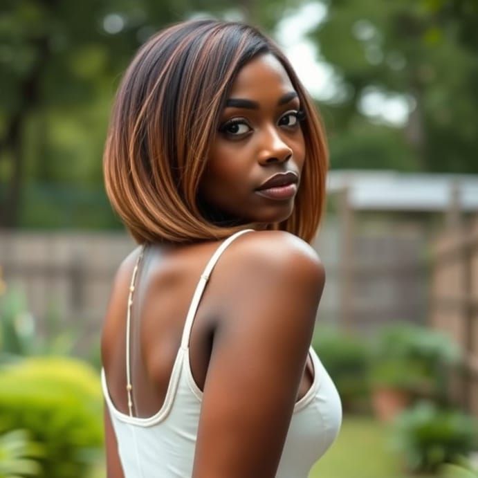 Sensual Black Woman in White Dress in Backyard
