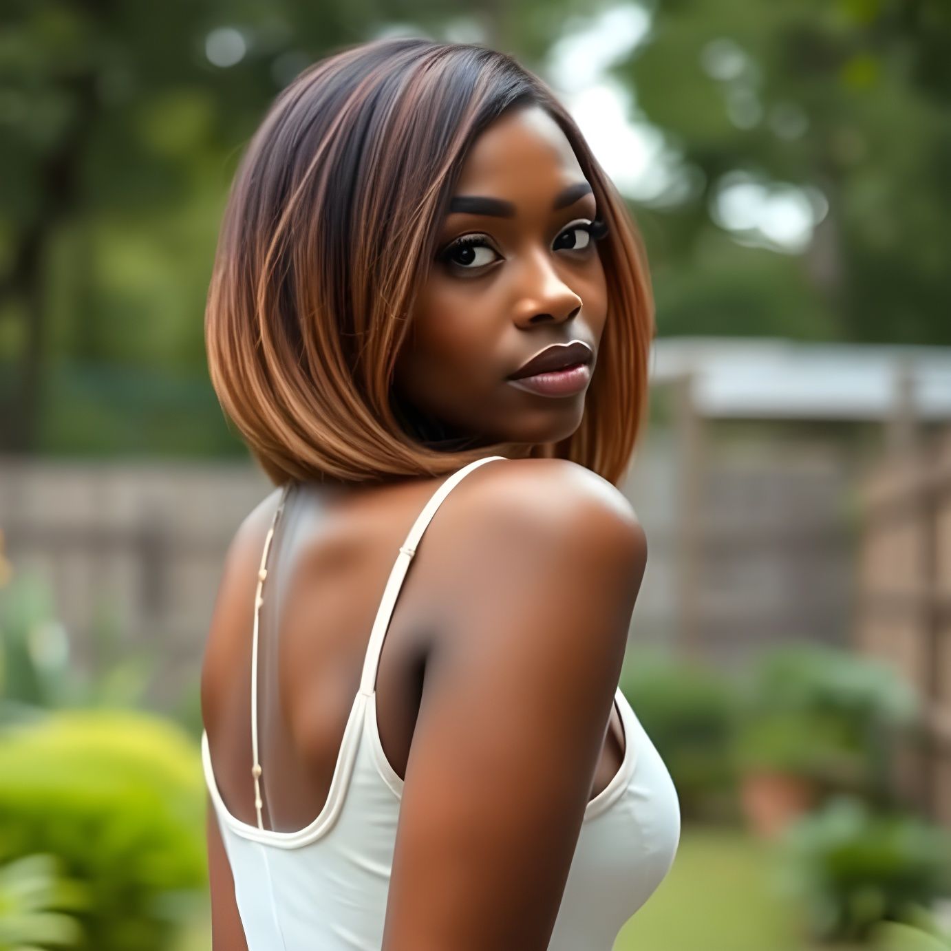 Sensual Black Woman in White Dress in Backyard