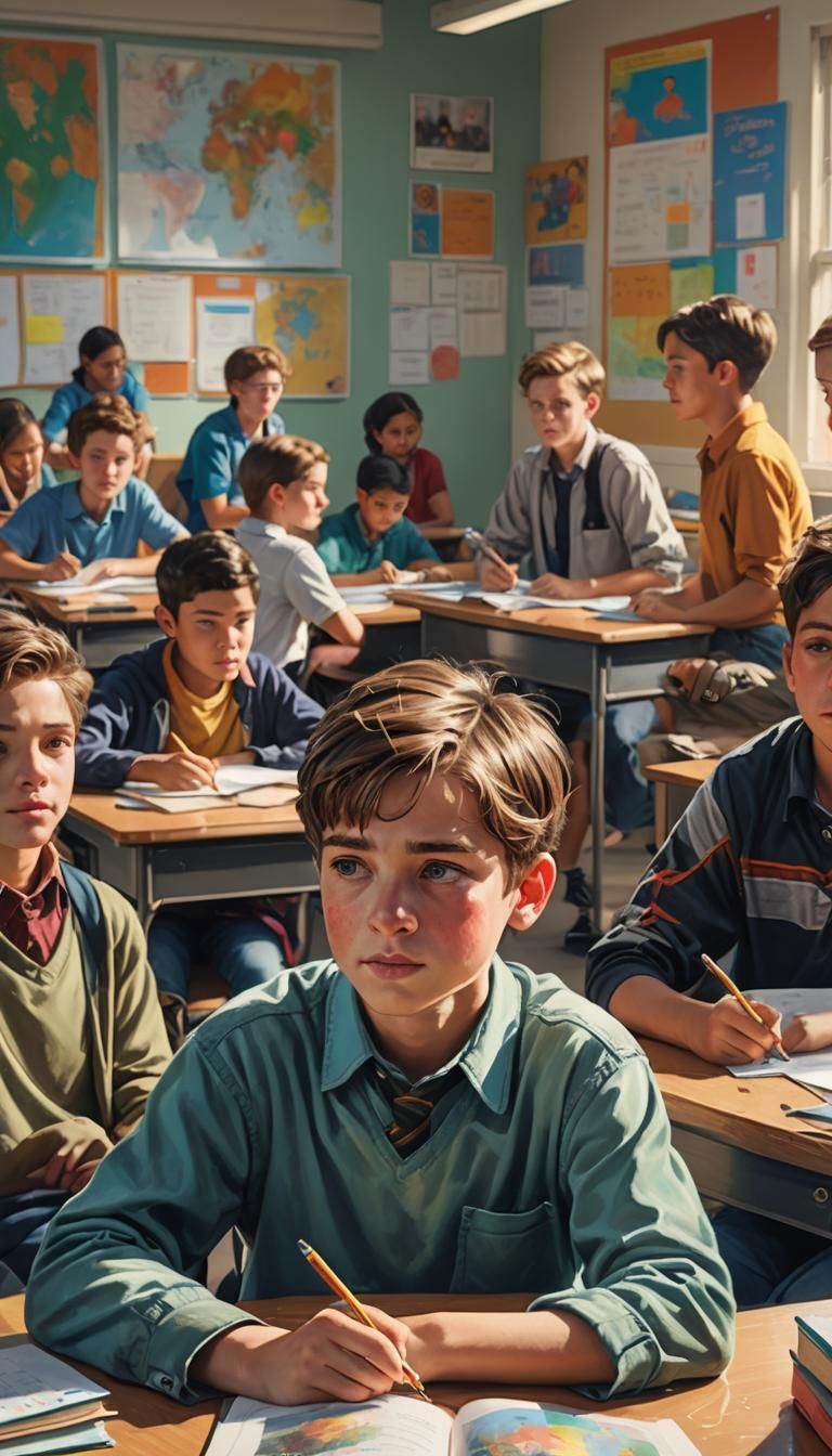 Worried Boy in Bright Classroom: Hyperrealistic Splash Art