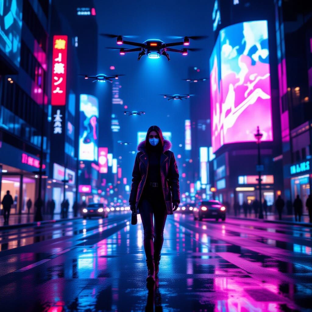 Cyberpunk Cityscape with Neon Reflections and Drones