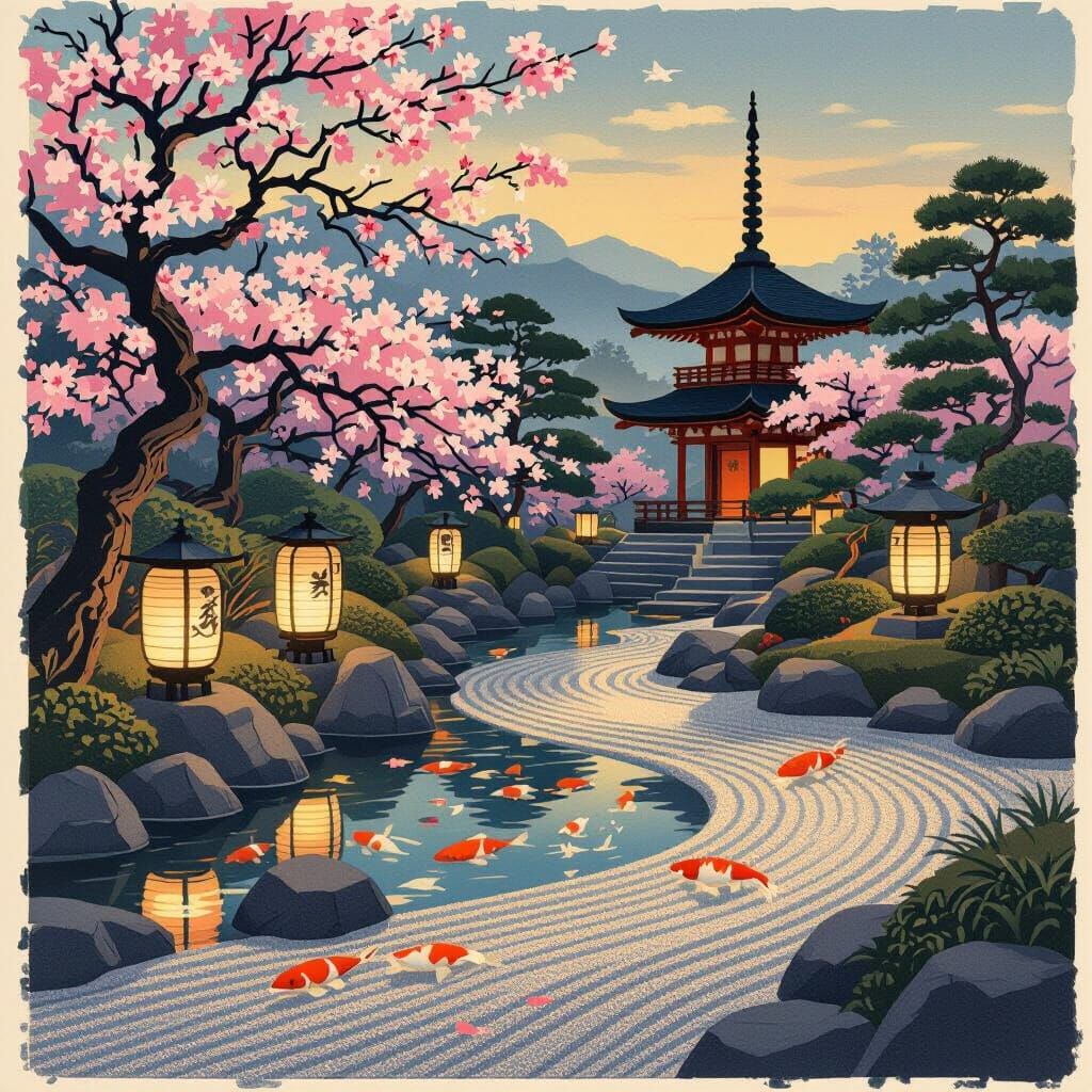 Twilight Japanese Garden in Woodblock Print Style