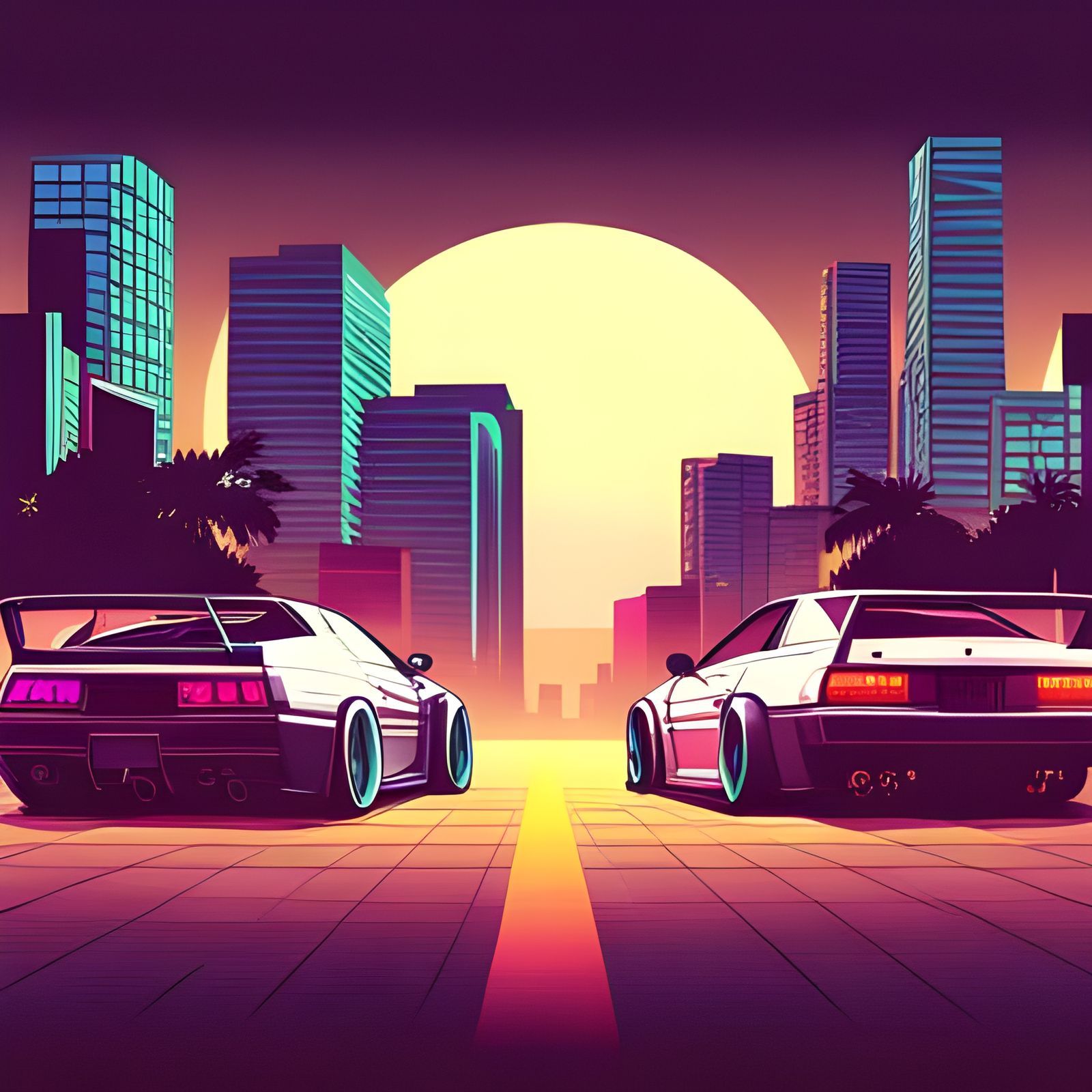 JDM Cars Racing in Cyberpunk Synthwave Style