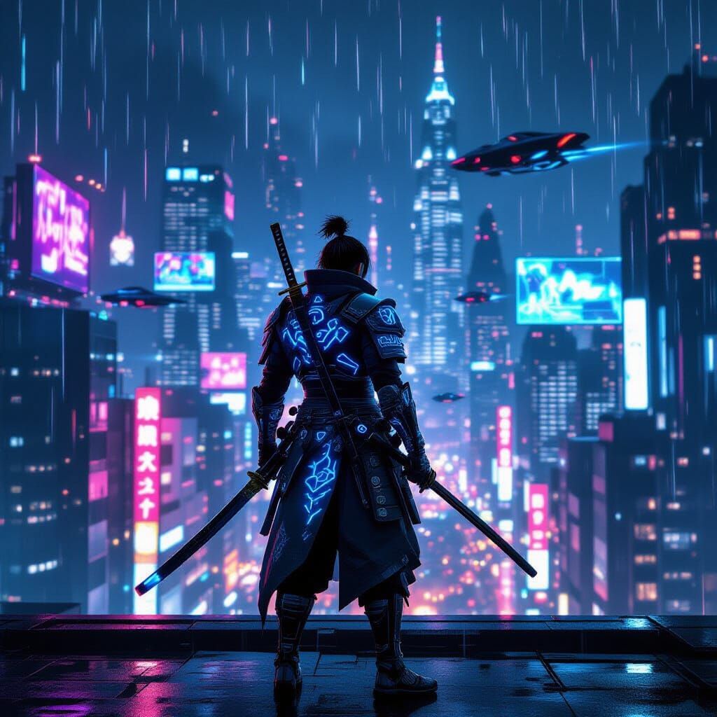 Cyberpunk Samurai Overlooking Neon City at Night