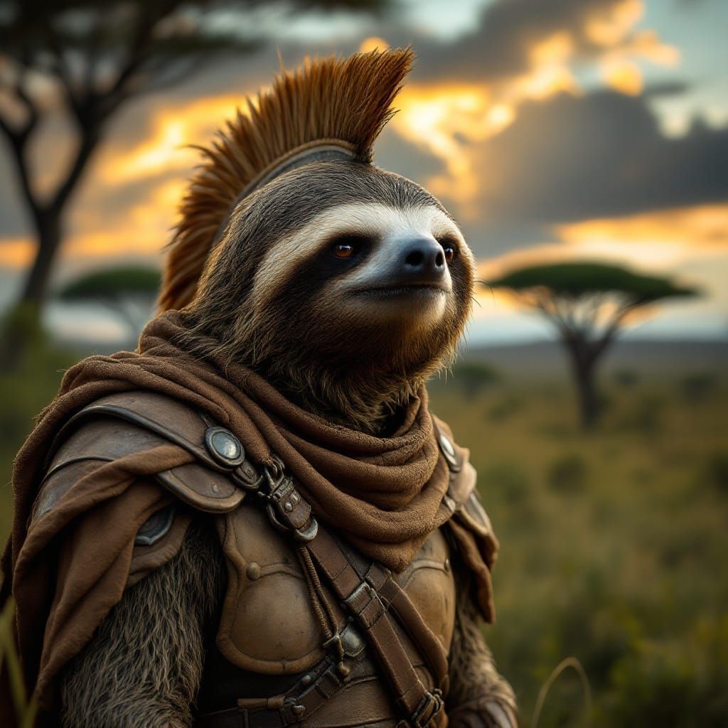 Sloth Spartan on Safari in Hyperrealistic Style