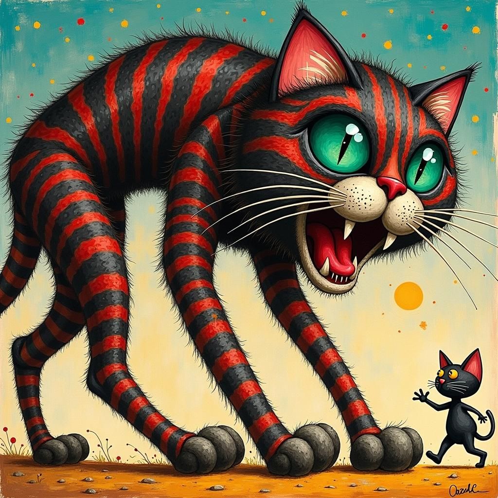 Giant Striped Cat Scares Tiny Mouse