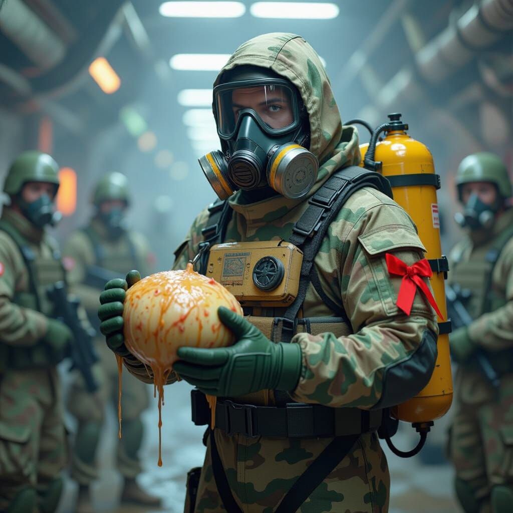 Reactor Worker in Camo Hazard Suit, Hyper-Realistic Scene