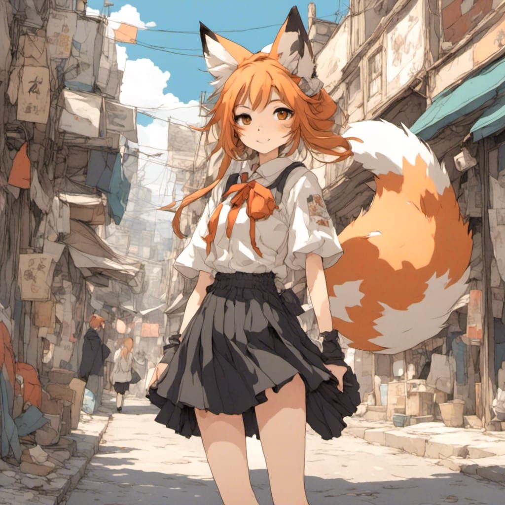 Fox-girl VIXEN, Cute pleated skirt, sneakers, Konohagakure street background