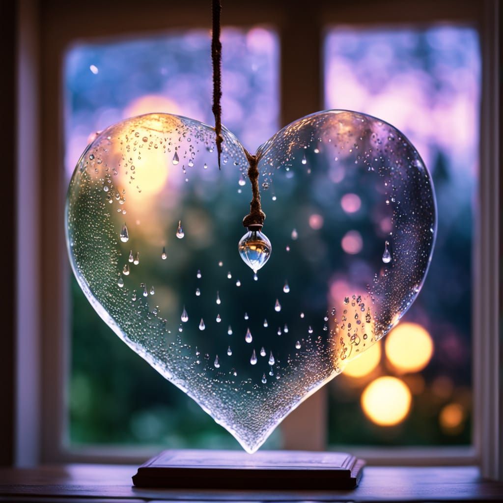 Heart Shaped Raindrops on Window in Fantasy Art Style