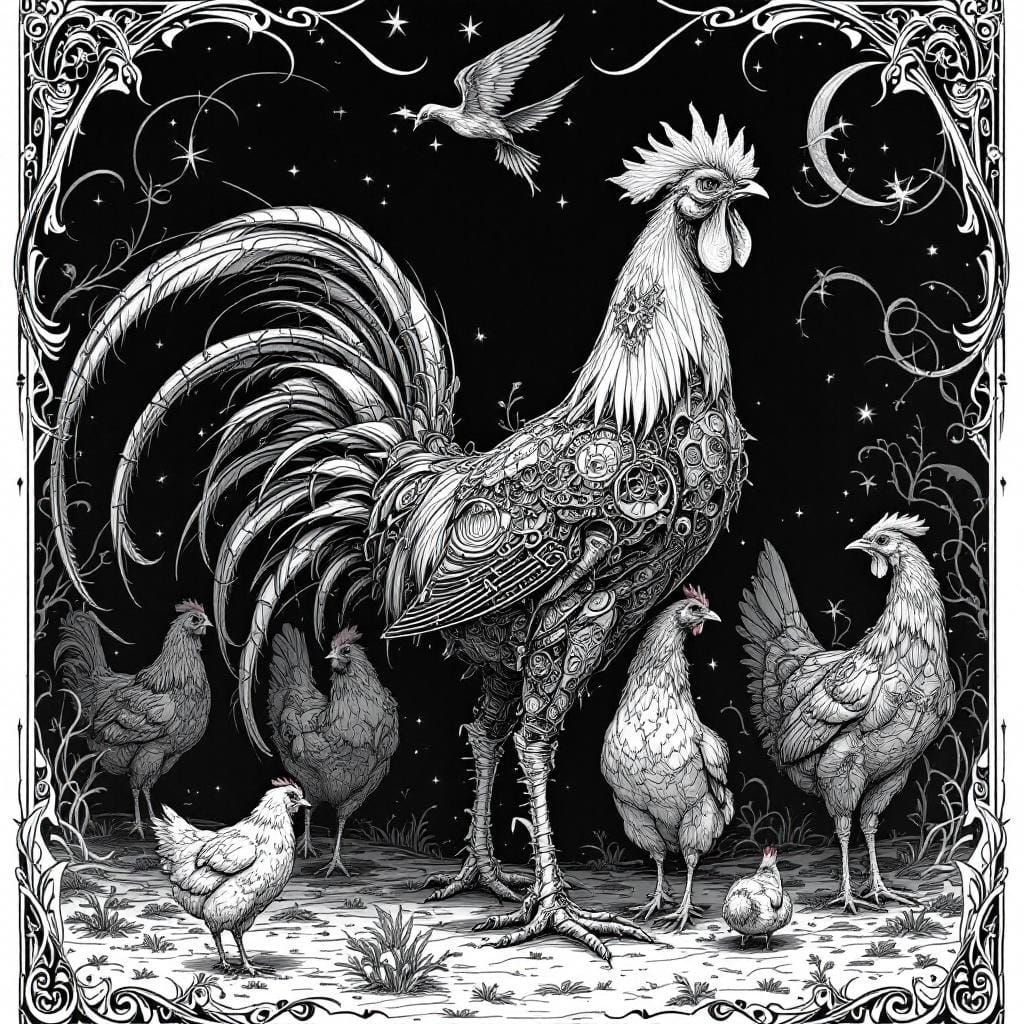 Surreal Rooster in Biomechanical Art Nouveau Style