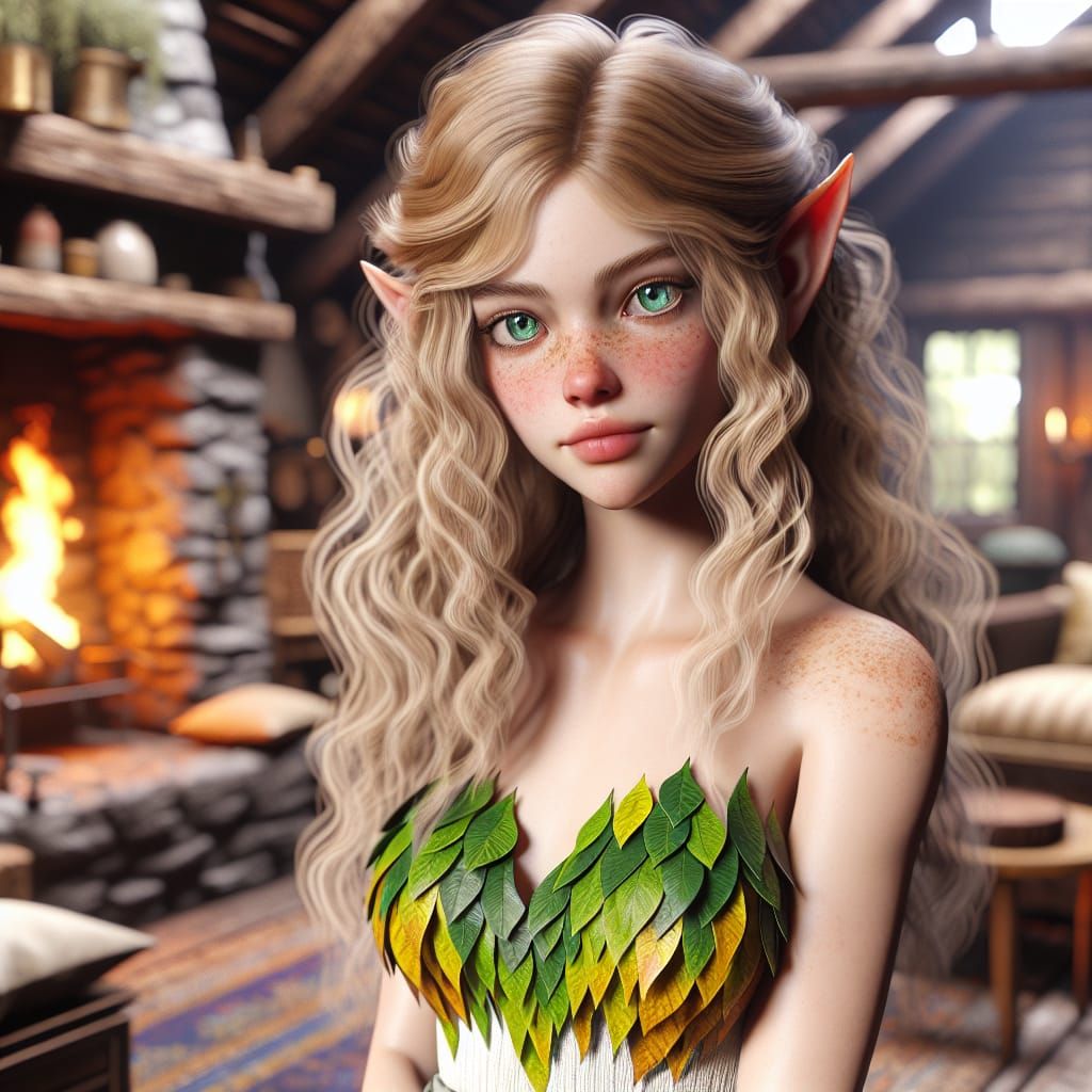 Adorable Elf in Cozy Cottage: Detailed Matte Painting